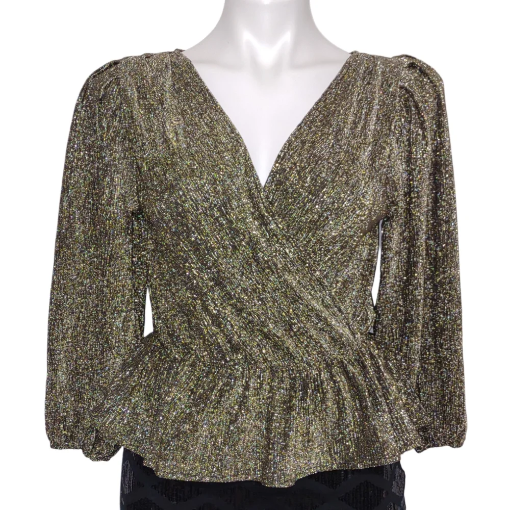 Astr Gold Metallic Peplum Top Size XS Suplice Metallic Puff Sleeve